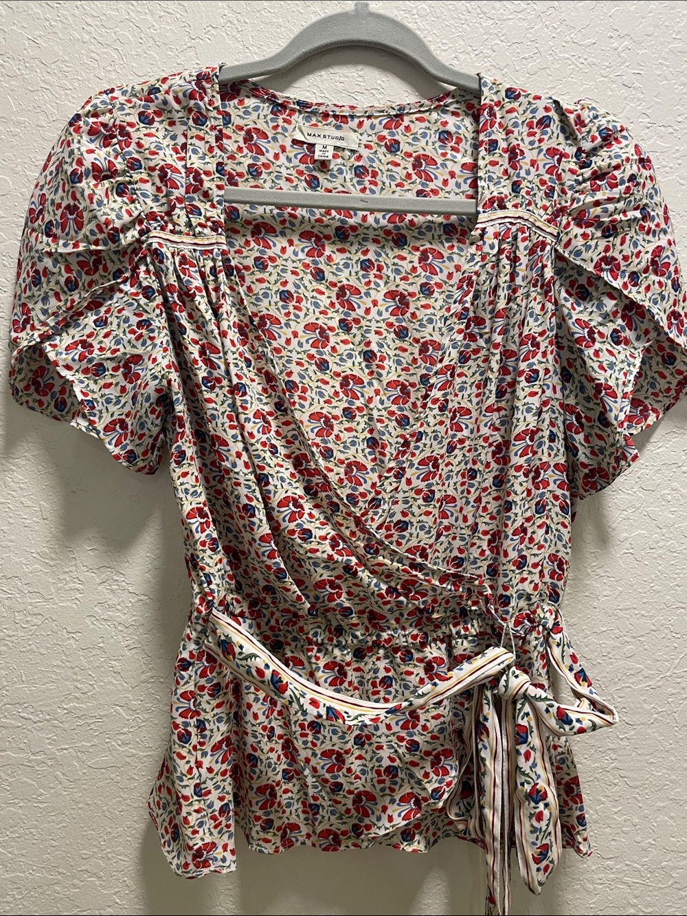 Max Studio Cream Wrap Blouse with Red & Blue Floral Print